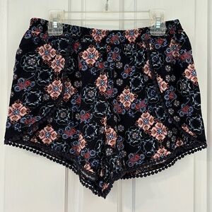 Geometric Print On Black Loose Flowy Comfy Pull On Shorts with Pom Pom Like Trim